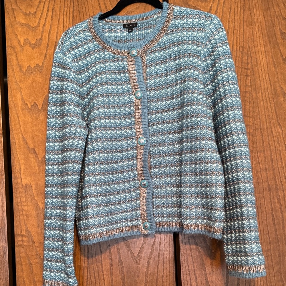 Talbots Blue and Gray Striped Cardigan